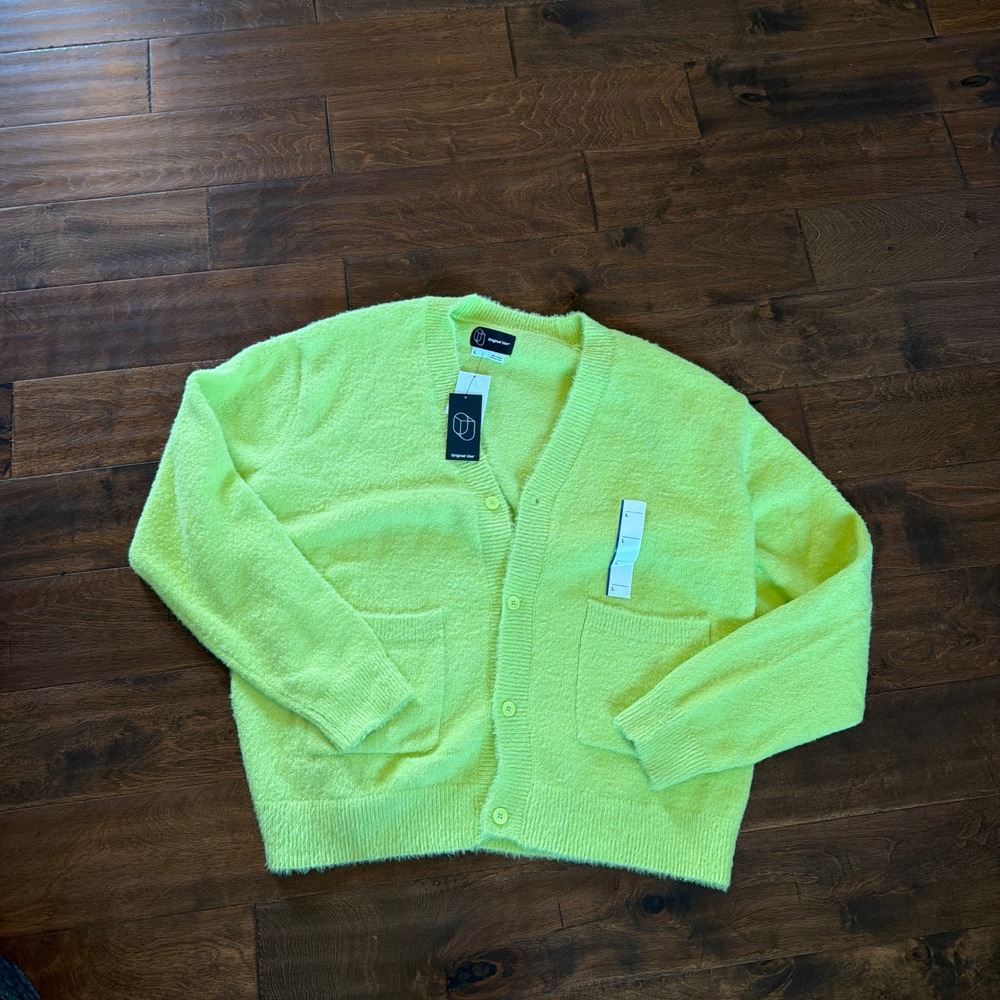 Original Use Mens Neon Green Fuzzy Cardigan Sweater Relaxed Fit Large NWT